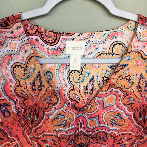 Chico’s Tunic Top 2 L Coral Paisley Light Layer Drapey Coastal Boho Blouse - Picture 8 of 14